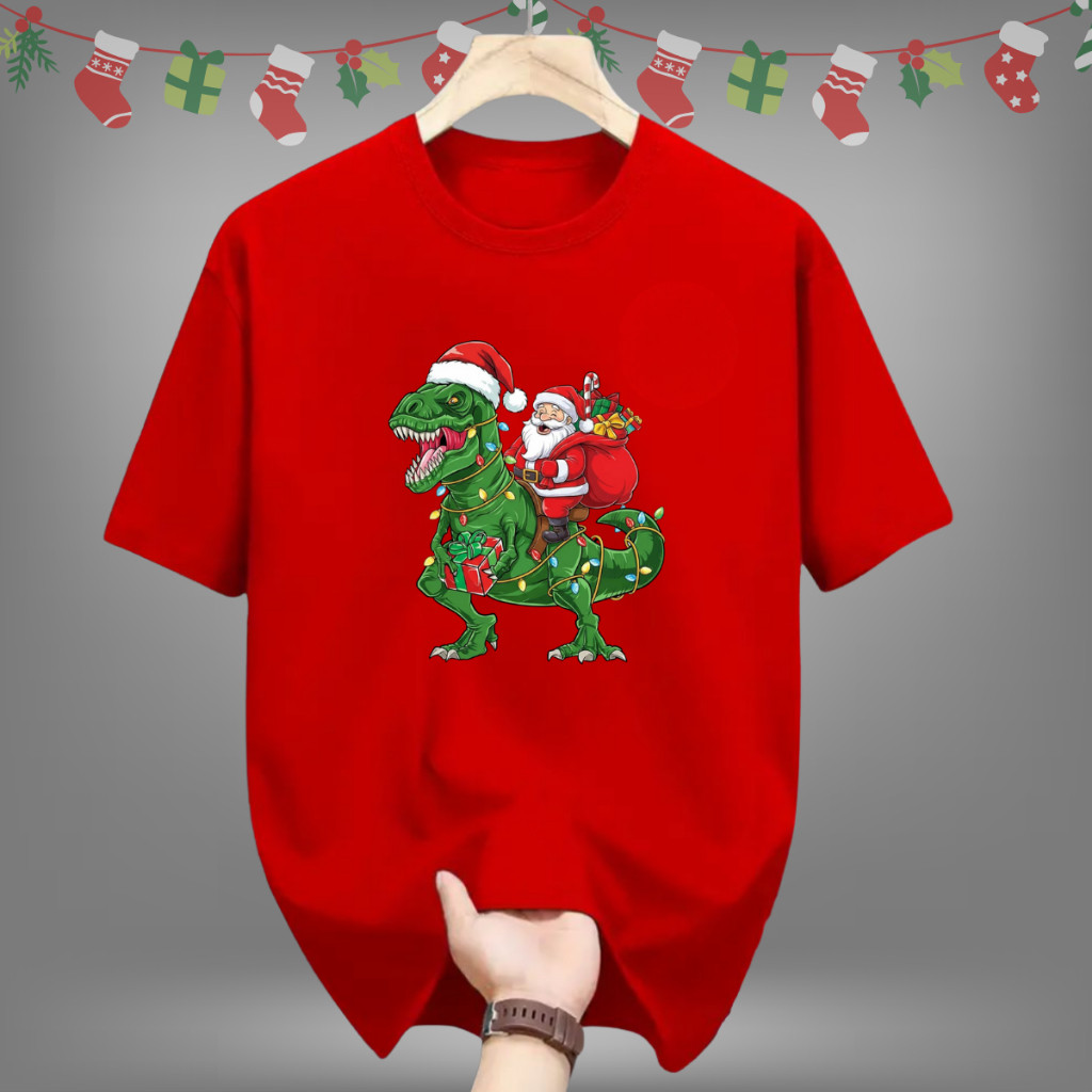 Camiseta Camisa Camiseta  Unissex Natal 100% Algodão Estampada Papai Noel Dinossauro Rex Blusa Envio Imediato Algodão En