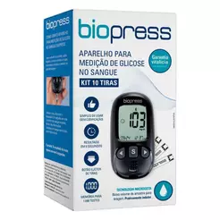 Kit Aparelho para Medição de Glicose Biopress + 10 Tiras Reagentes + 10 Lancetas + Lancetador + Estojo para Transporte
