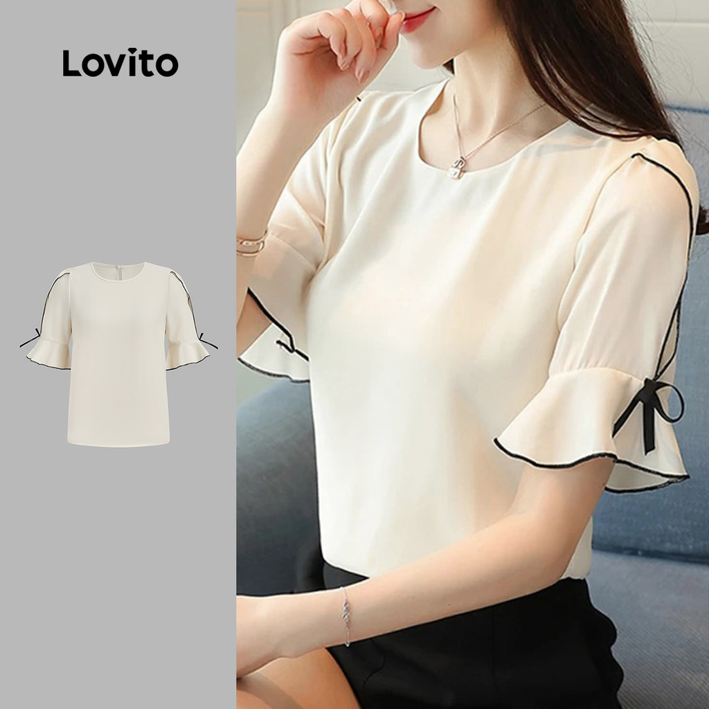 Lovito Blusa Elegante com Laço Bloco de Cores Primavera/verão Blusa de Damasco para mulheres L158ED786 em Oferta na Shopee