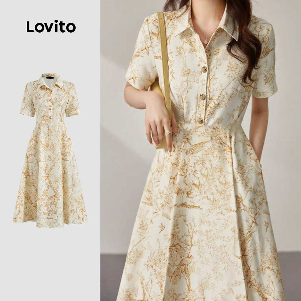 Lovito Vestido Casual de Flores com Botões para Primavera/verão Vestido Amarelo Claro para mulheres L155ED1157 em Oferta na Shopee