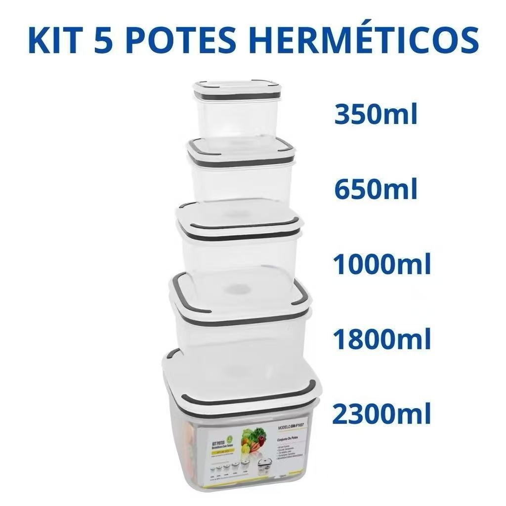 Imagem Kit De 5 Potes Herméticos Plastico Para Mantimentos Micro-ondas Alimentos Geladeira Frutas Marmita