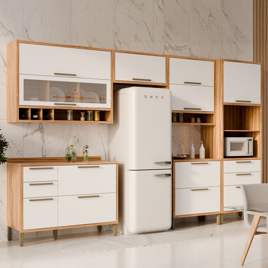 Armário Cozinha Modulada Balcão e Tampo 10 Portas 6 Gavetas ágata 100% Mdf Vidro Reflecta Amêndoa/Branco - Pnr Móveis