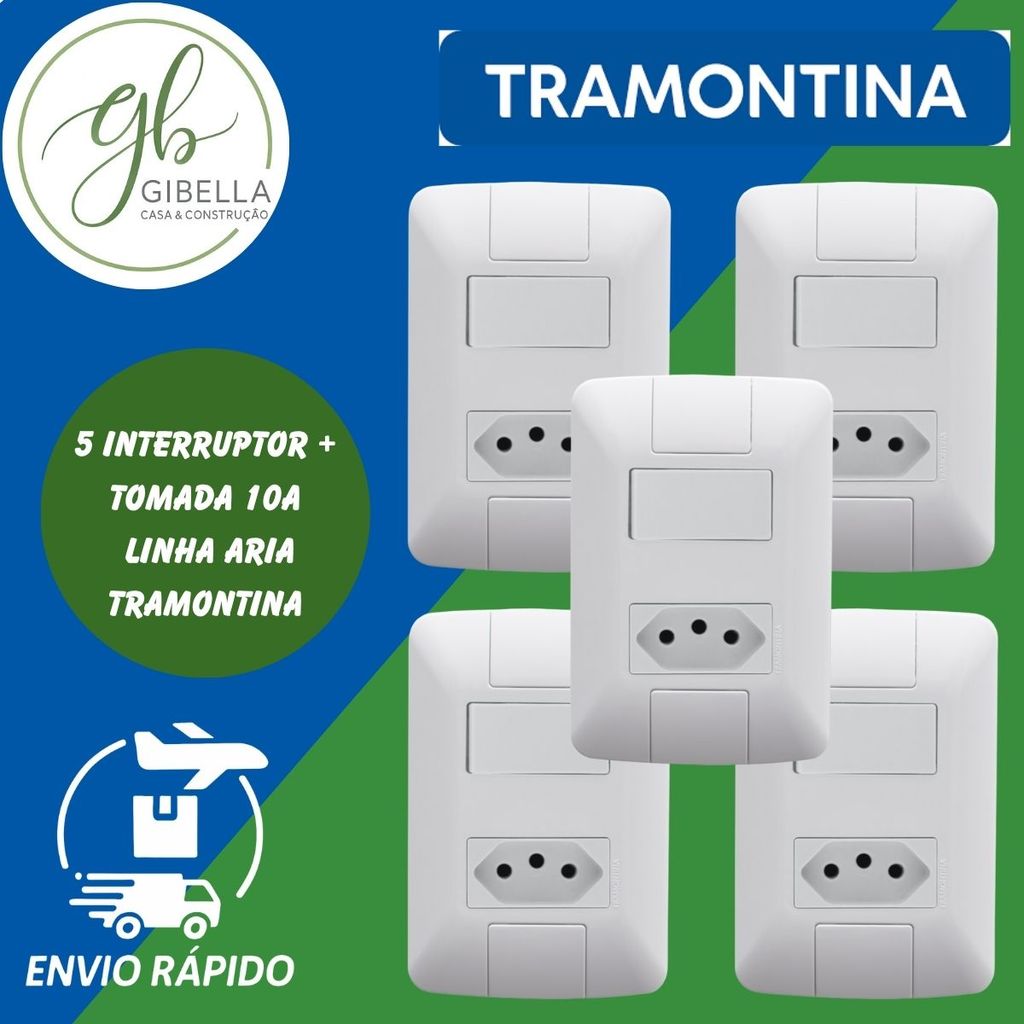 Kit 5 Tomadas com Interruptor 10A + Tecla 6A Tramontina Aria