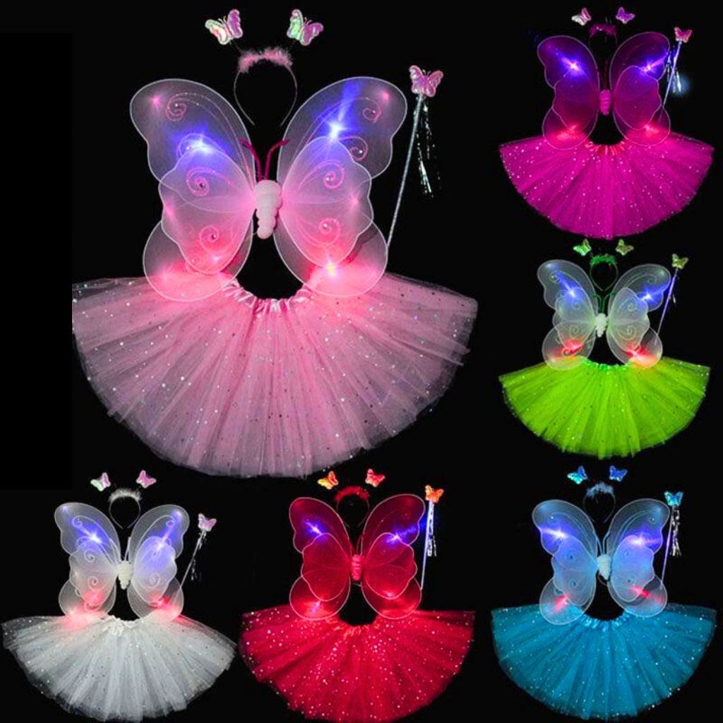 Fantasia Asa Borboleta Fada Luz Led Pisca Uso Adulto e Infantil Varinha + Tiara + Saia Festa Carnaval