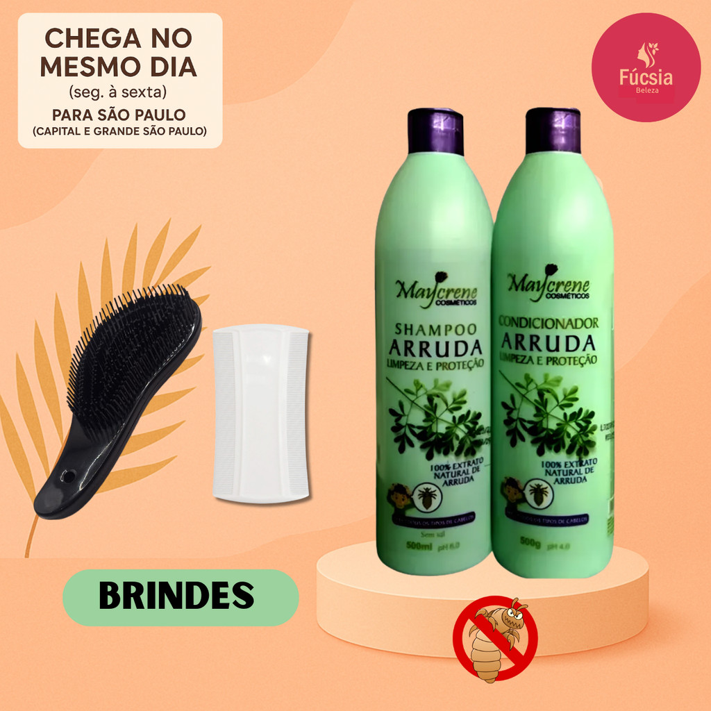 Kit Anti-Piolhos Maycrene com Arruda – Shampoo, Condicionador, Escova e Pente Fino Brinde