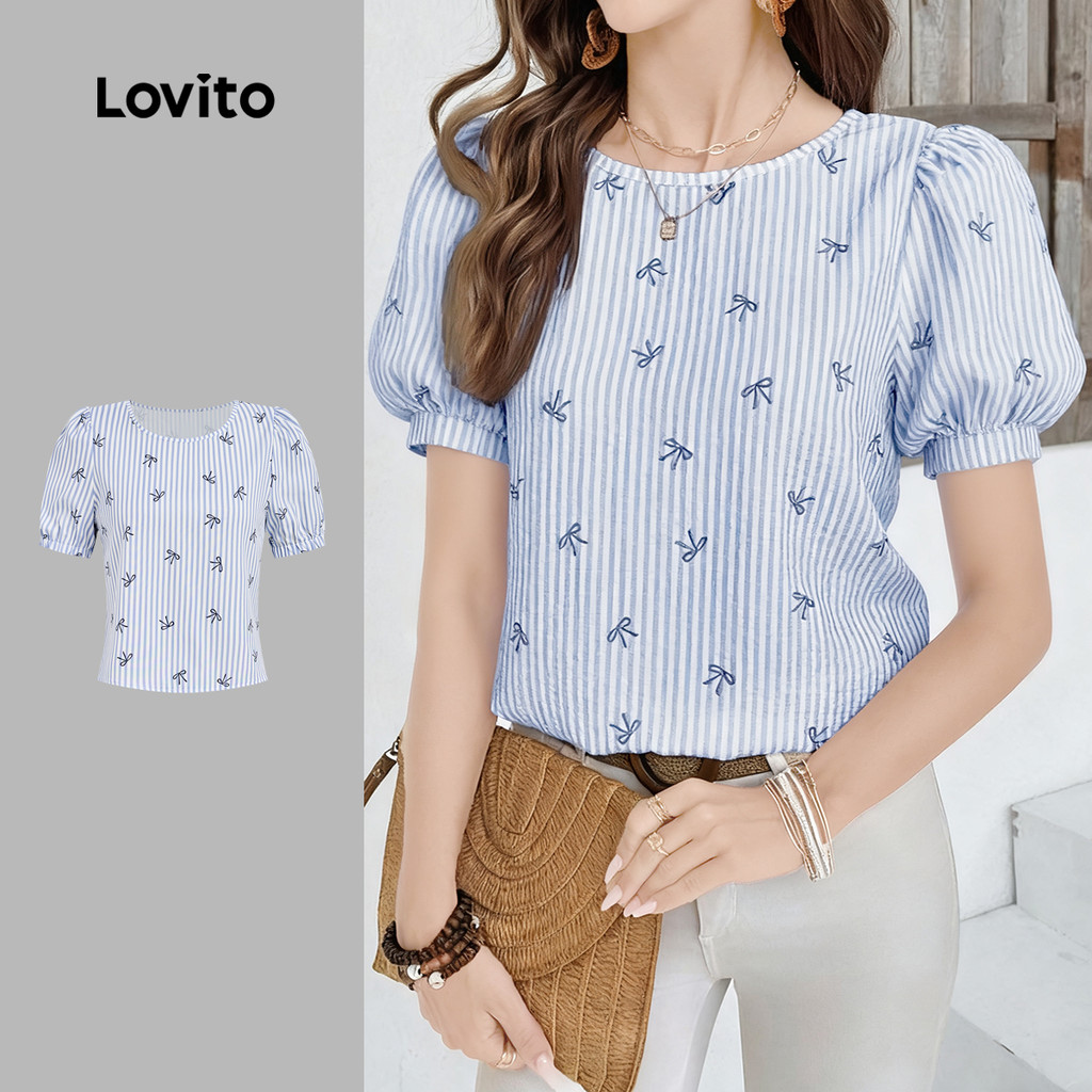 Lovito Blusa Casual Primavera/verão Azul para mulheres L157ED137 em Oferta na Shopee