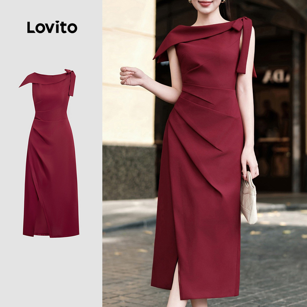 Lovito Vestido Elegante Assimétrico Pregueado Primavera/verão Vestido Claret para Mulheres L158ED1072 em Oferta na Shopee