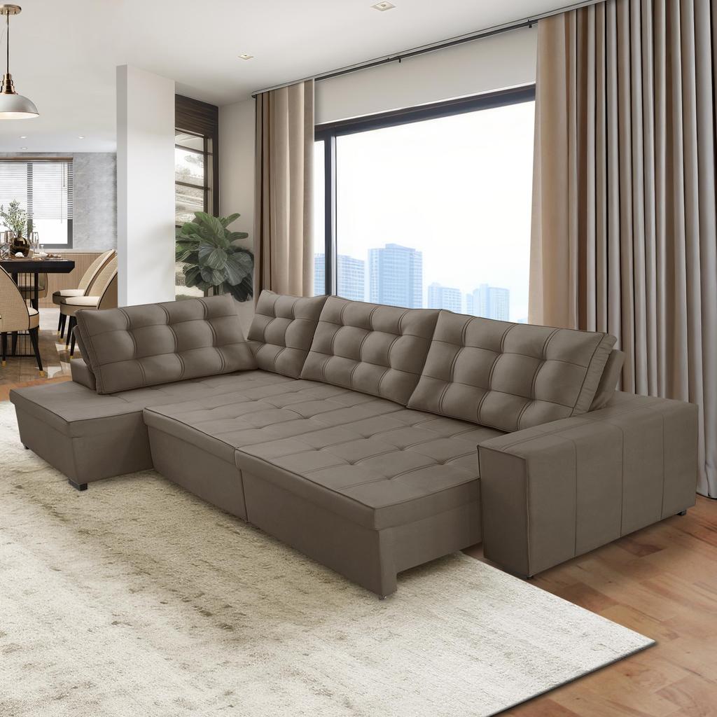 Sofá de Canto Retrátil e Reclinável com Molas 3,00x2,00 Esq Jacke Suede Cappuccino Adonai Estofados em Oferta na Shopee