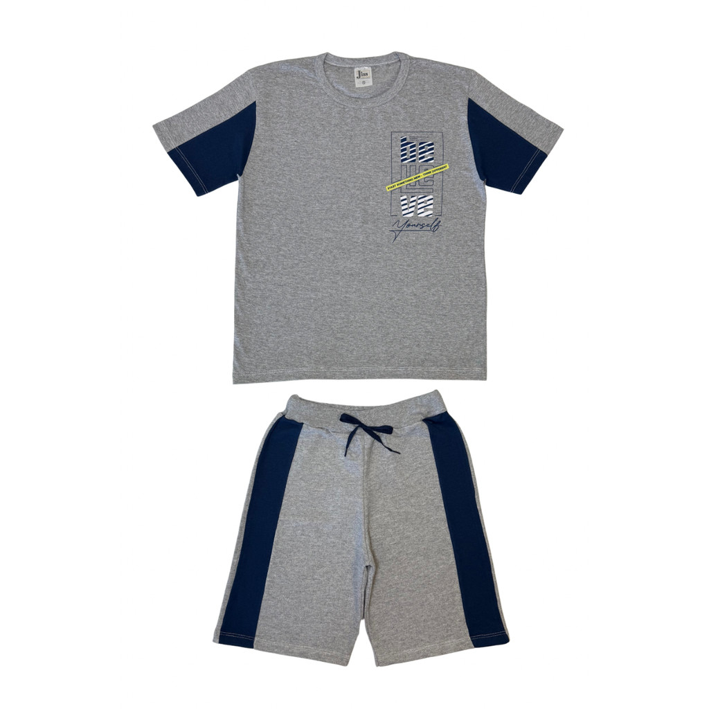 Conjunto Juvenil Masculino Meia Malha/Moletinho Mescla Com Marinho