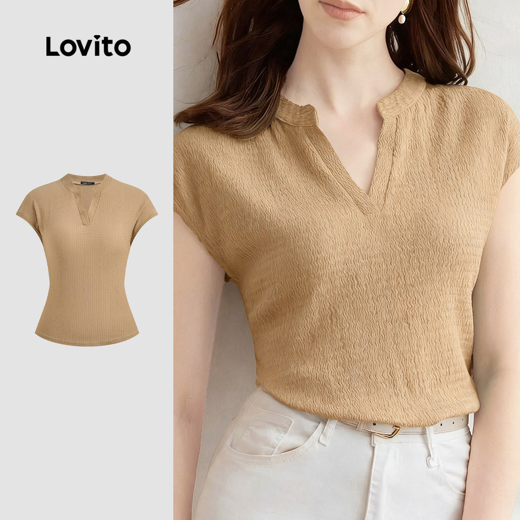 Lovito Camiseta Casual Simples Clássica e Versátil Lazer Primavera/verão Camiseta Caqui L155ED1690 em Oferta na Shopee