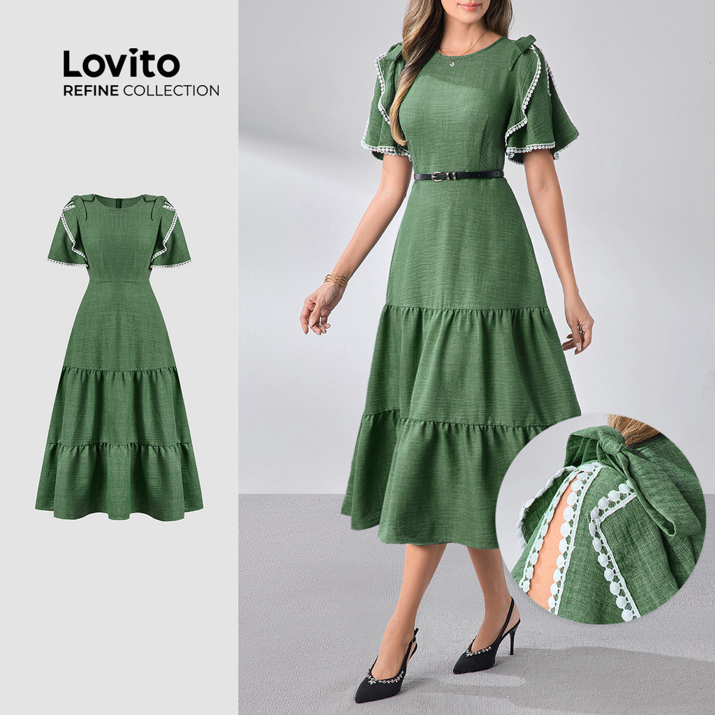 (Lovito Refine) Vestido Elegante Verão/primavera Em Camadas Cor Sólida Boa Textura Vestido Verde Para Mulheres LR12L029 em Oferta na Shopee