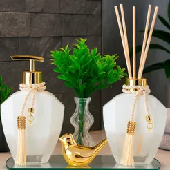 Kit Lavabo Ágata Degrade Branco com Passarinho Bandeja Meia Lua Vaso Saboneteira e Difusor