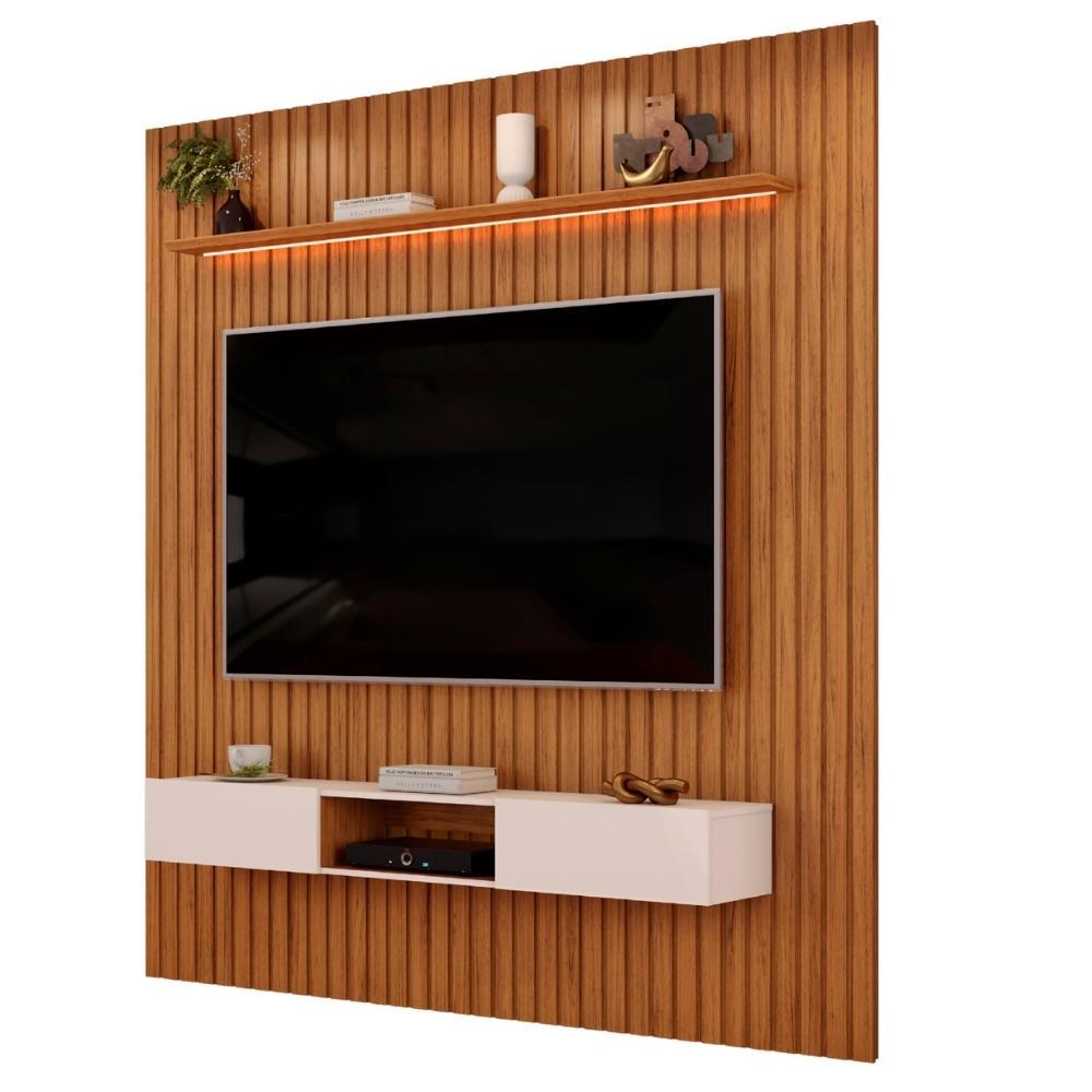 Painel Para TV Até 90 Polegadas 2,75m Ripado Autêntico Com Led e Nicho Montreal Madeirado/Off White em Oferta na Shopee
