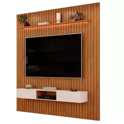 Painel Para TV Até 90 Polegadas 2,75m Ripado Autêntico Com Led e Nicho Montreal Madeirado/Off White