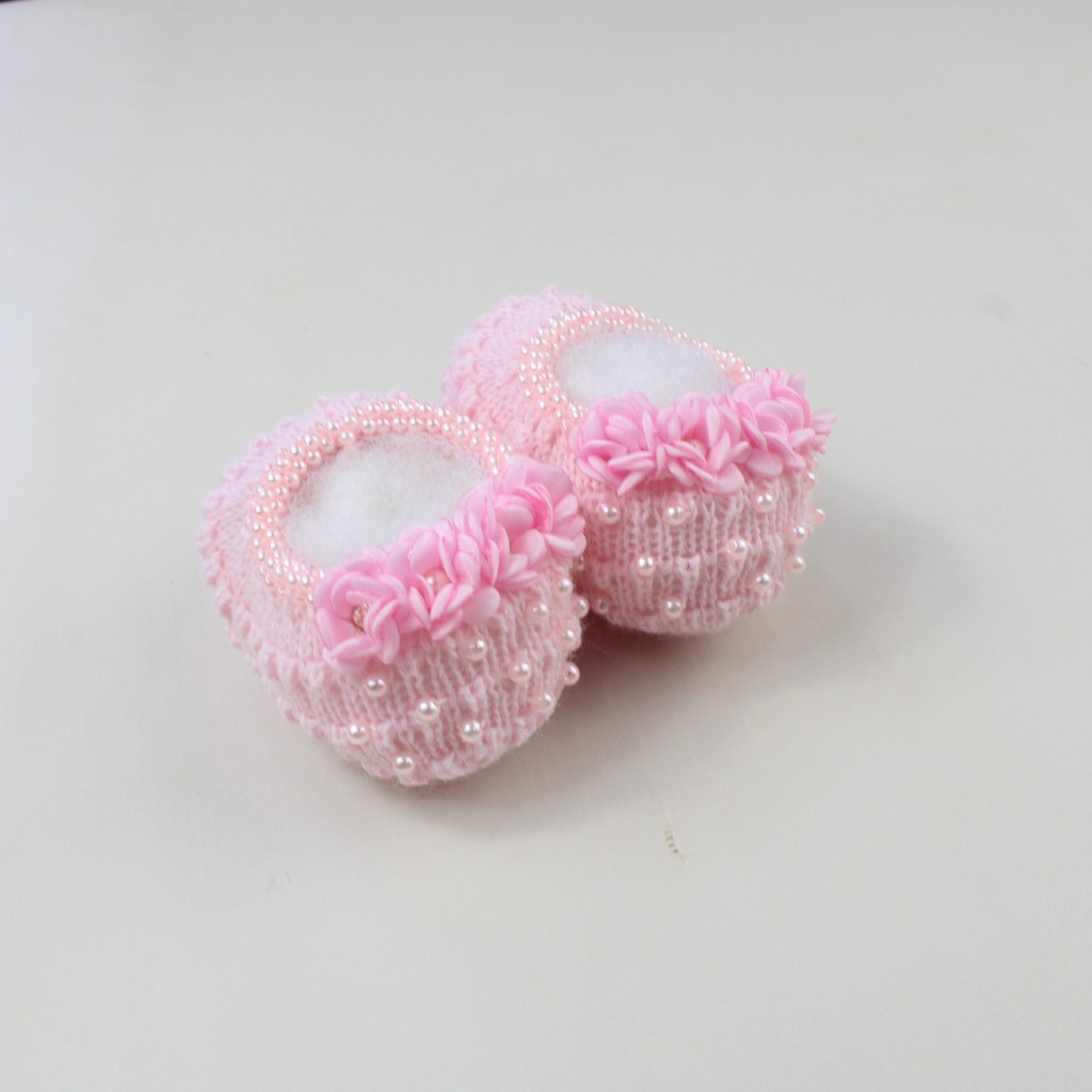 Sapatinho Tricô Antialérgico Com Flores Cinderela - Rosa Bebê