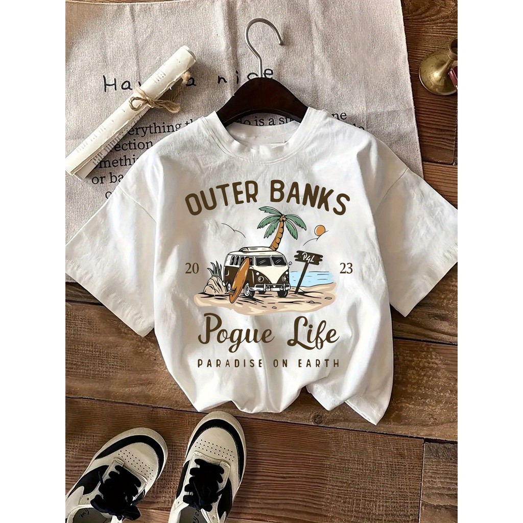 Camiseta Feminina T-shirt Estampada Praia Blusa “Outer Banks Pogue Life” Vintage Tropical Verão