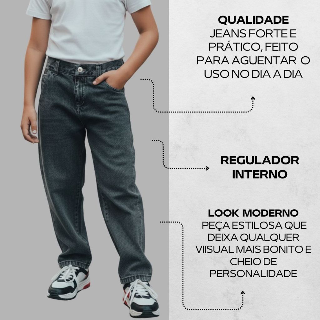 Calça jeans cargo menino masculino infantil e juvenil regulador interno