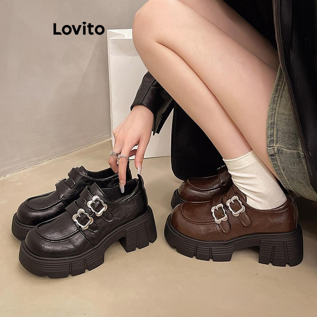 Lovito Vintage Plain Sweet Cool Sola grossa Alças duplas Estilo britânico Outfit Mary Jane para mulheres LFA58274 em Oferta na Shopee