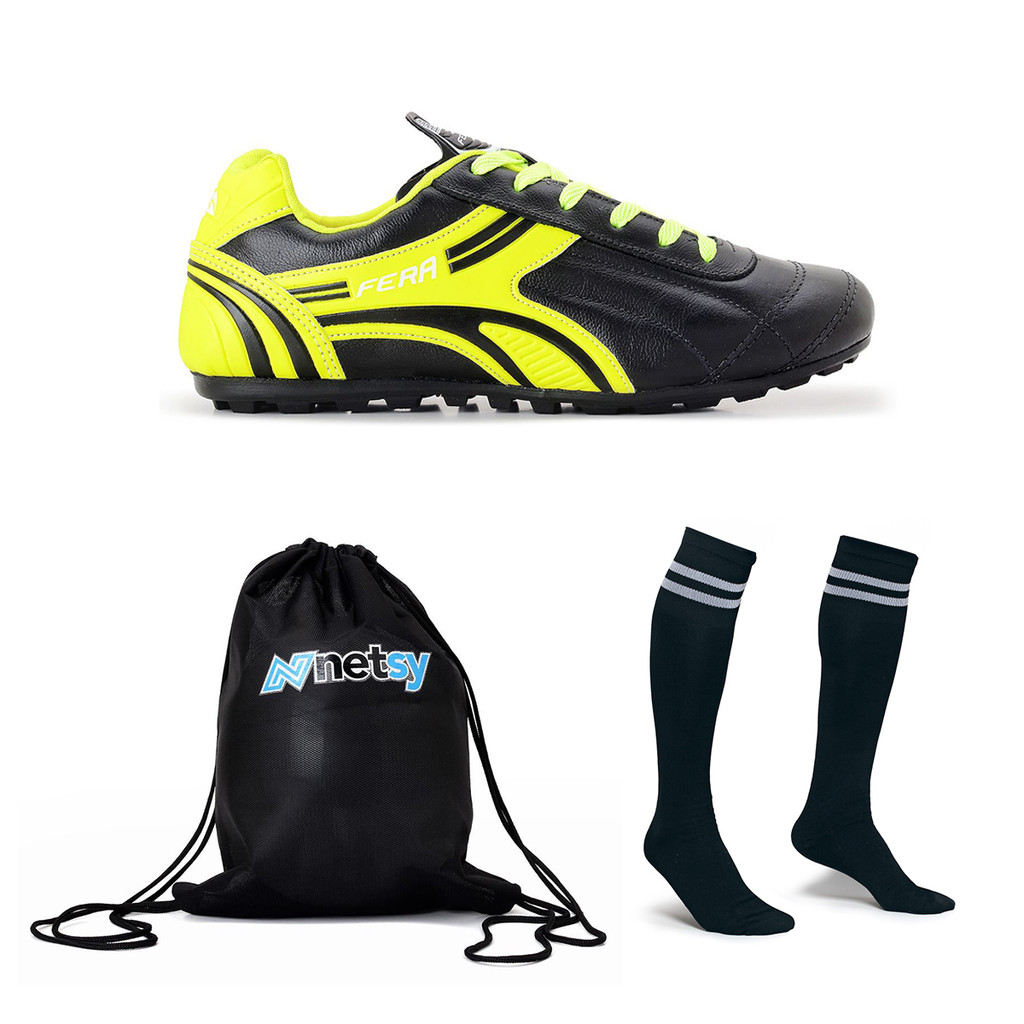 Kit Chuteira Society Couro Legitimo Preto/Amarelo Limão Meião Mochila Bolsa Esportiva