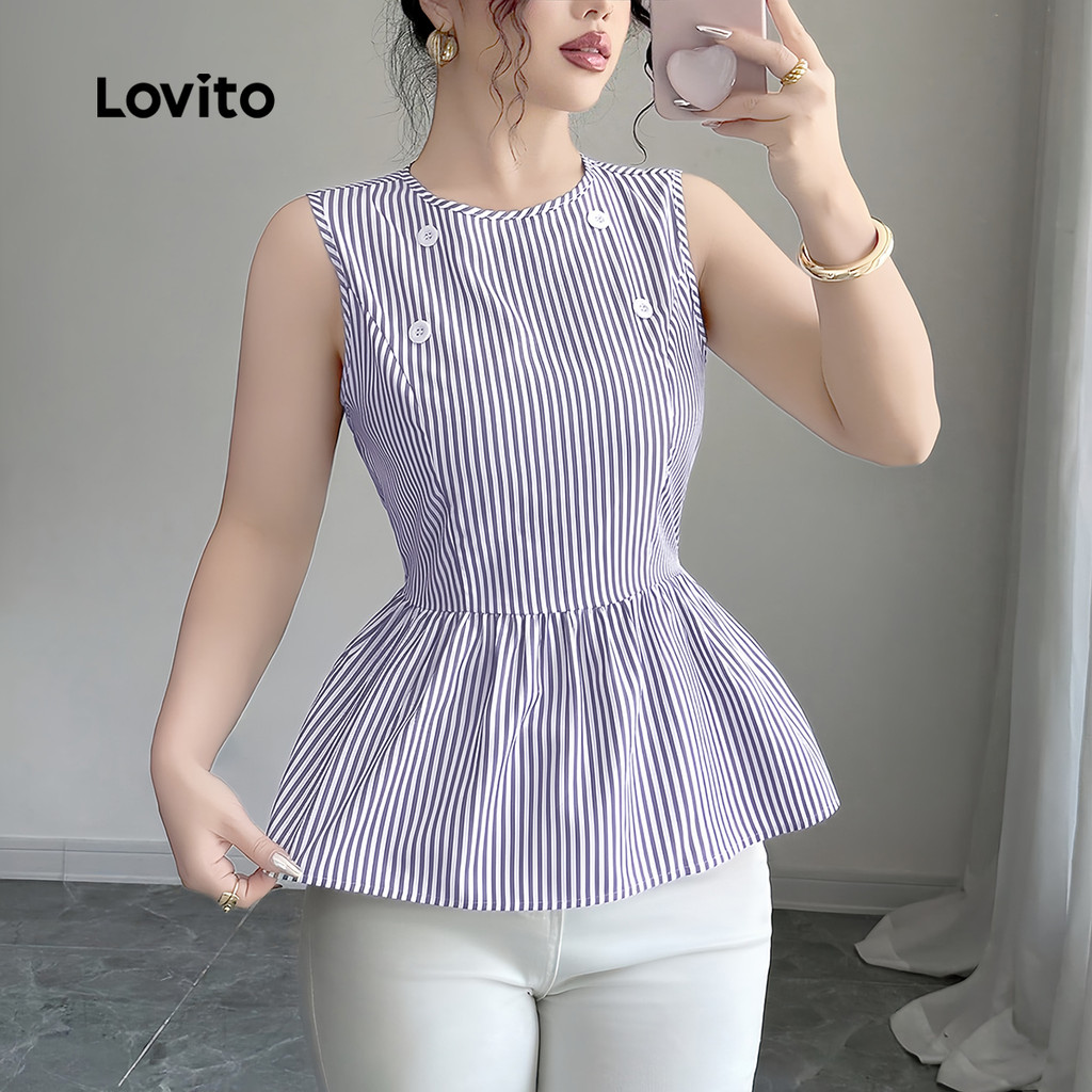 Detalhes do Lovito Blusa Casual com Babado Na Bainha Estilo Desgastado Primavera/verão Azul e branco L137ED876