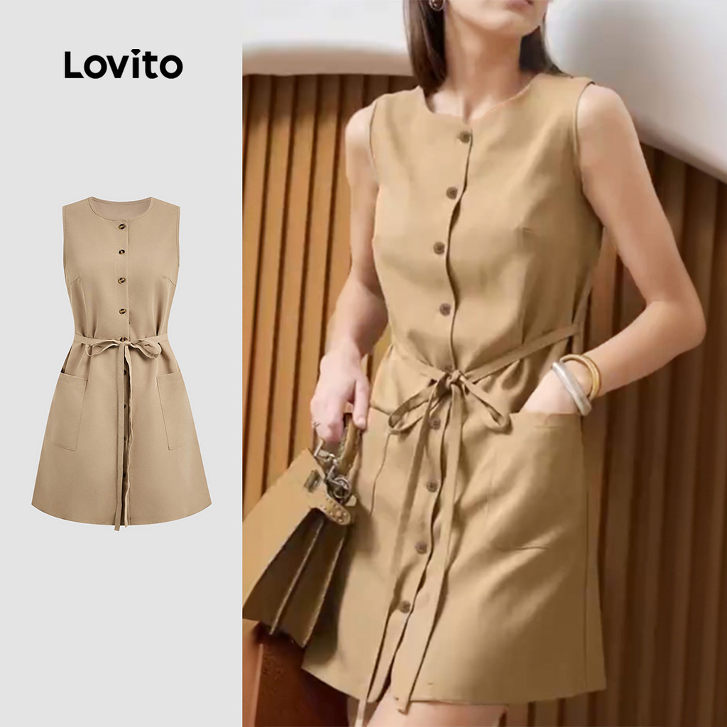 Lovito Vestido Elegante com Laço Na Frente Botões Na Parte Frontal Primavera/verão Vestido cáqui L158ED970