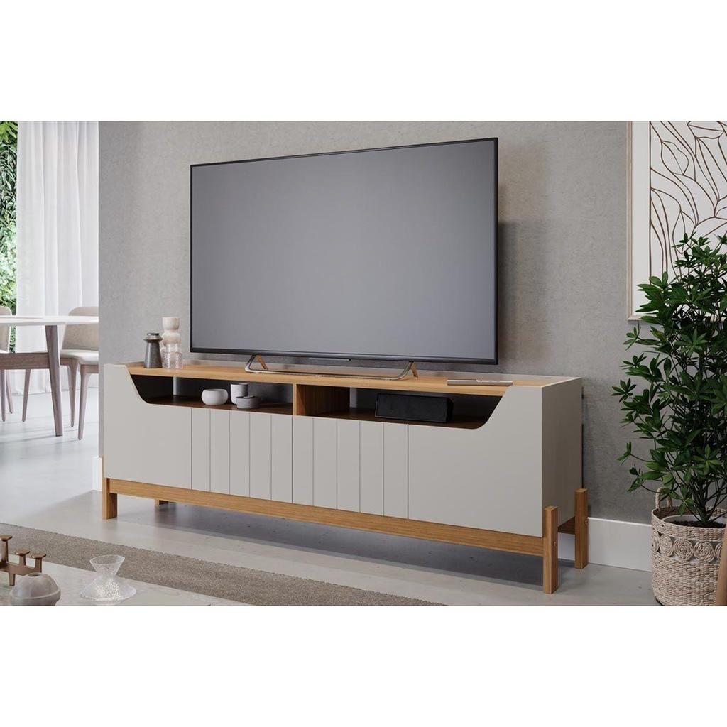Rack Bancada p/TV até 70 Pol Moema 100% MDF c/ Nichos e Pés 185cm Off White/Nature - Permóbili em Oferta na Shopee