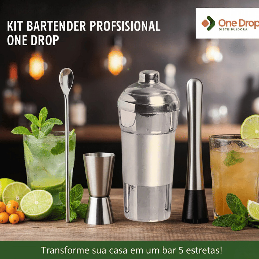 Kit Caipirinha 4 Peças  Kit Bar Coqueteleira Alumínio Socador Dosador Duplo e colher d