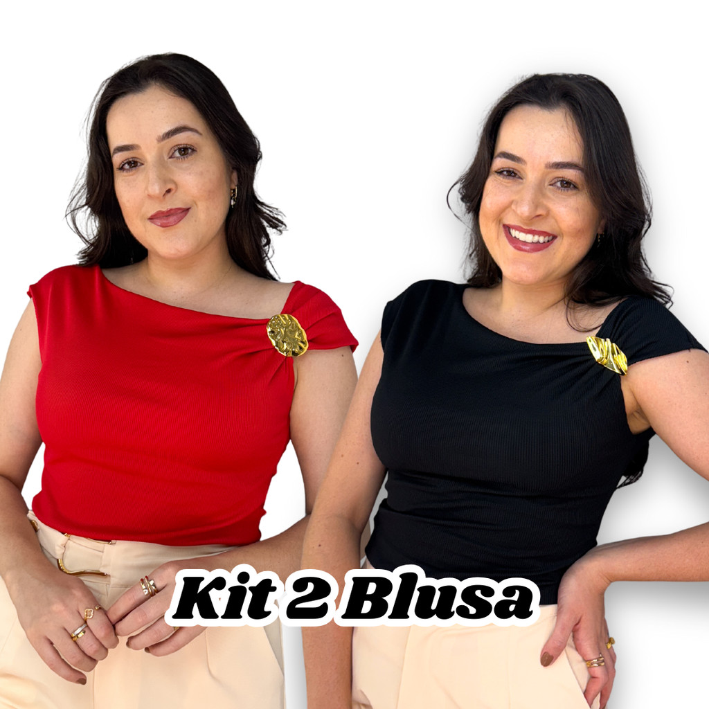 Kit 2 Blusa Feminina Assimetrica Fivela Dourada Canelada Ribana Elegant Tendencia Casual Verao Natal