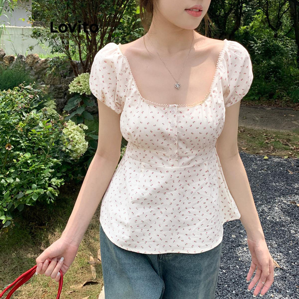 Lovito Blusa Casual Ditsy Floral Button Flowers Blusa Para Mulheres LNM65156 em Oferta na Shopee