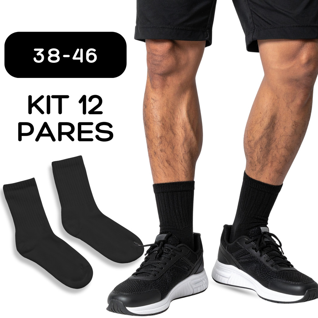 Kit Até 12 Pares Meia Preta Masculina Cano Medio Esportiva Academia Treino