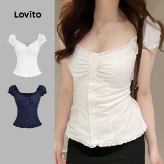 Lovito Blusa Fofa com Acabamento de Alface de Primavera/verão Branca para mulheres L143AD190 em Oferta na Shopee