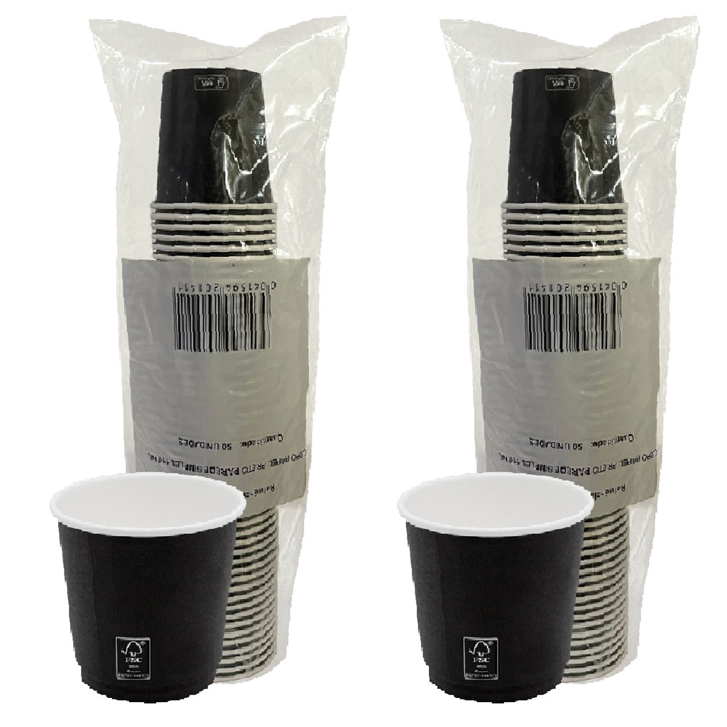 Detalhes do Copo Papel Preto 200ml C/ Tampa Biodegradável 100un Térmico