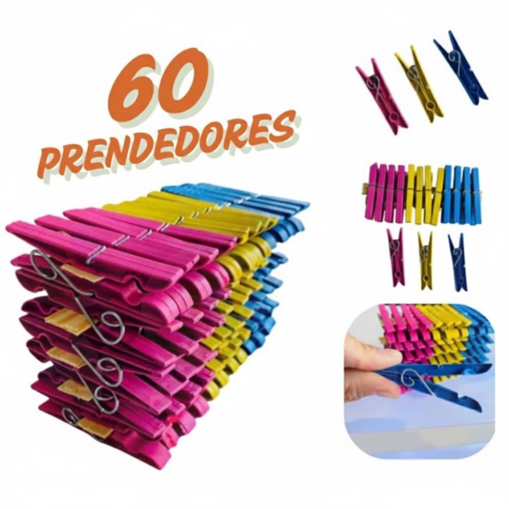 Kit com 60 / 48 / 36 / 24 / 12 Pregadores de Roupa em Plástico Super Reforçado - Cores Sortidas