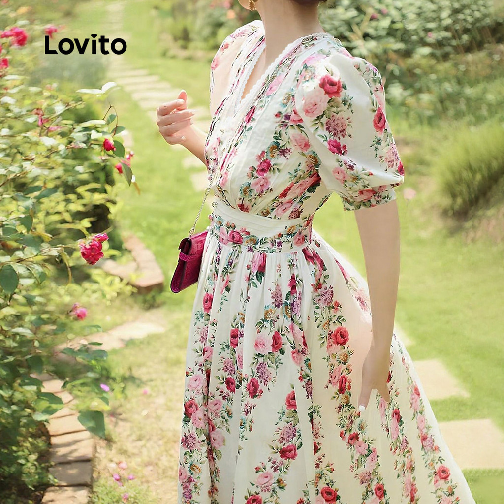 Detalhes do Lovito Vestido Sofisticado com Babados no Decote para Mulheres em Primavera/Verão L149LD484