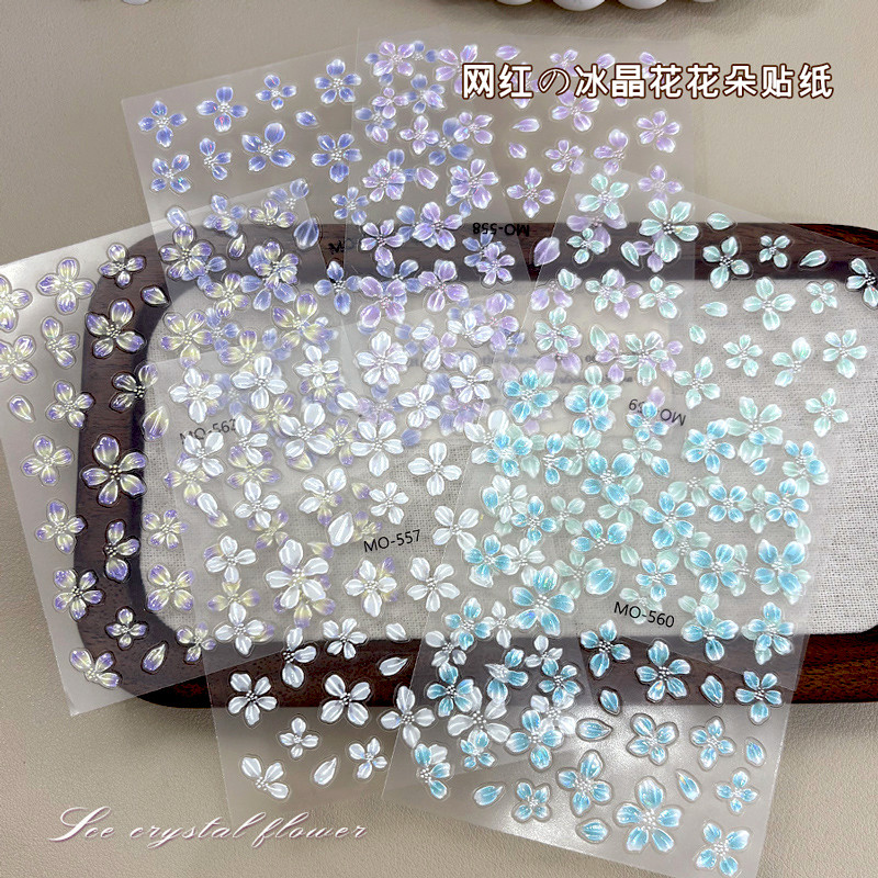 Shell luz cristal gelo flor Manicure adesivo em relevo tridimensional Aurora flor transparente branco roxo hortelã verde