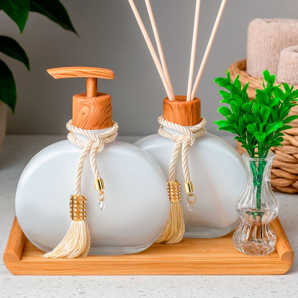 Kit Lavabo Decorativo Jolie Degrade Branco Saboneteira Bandeja Bambu e Difusor Amadeirado