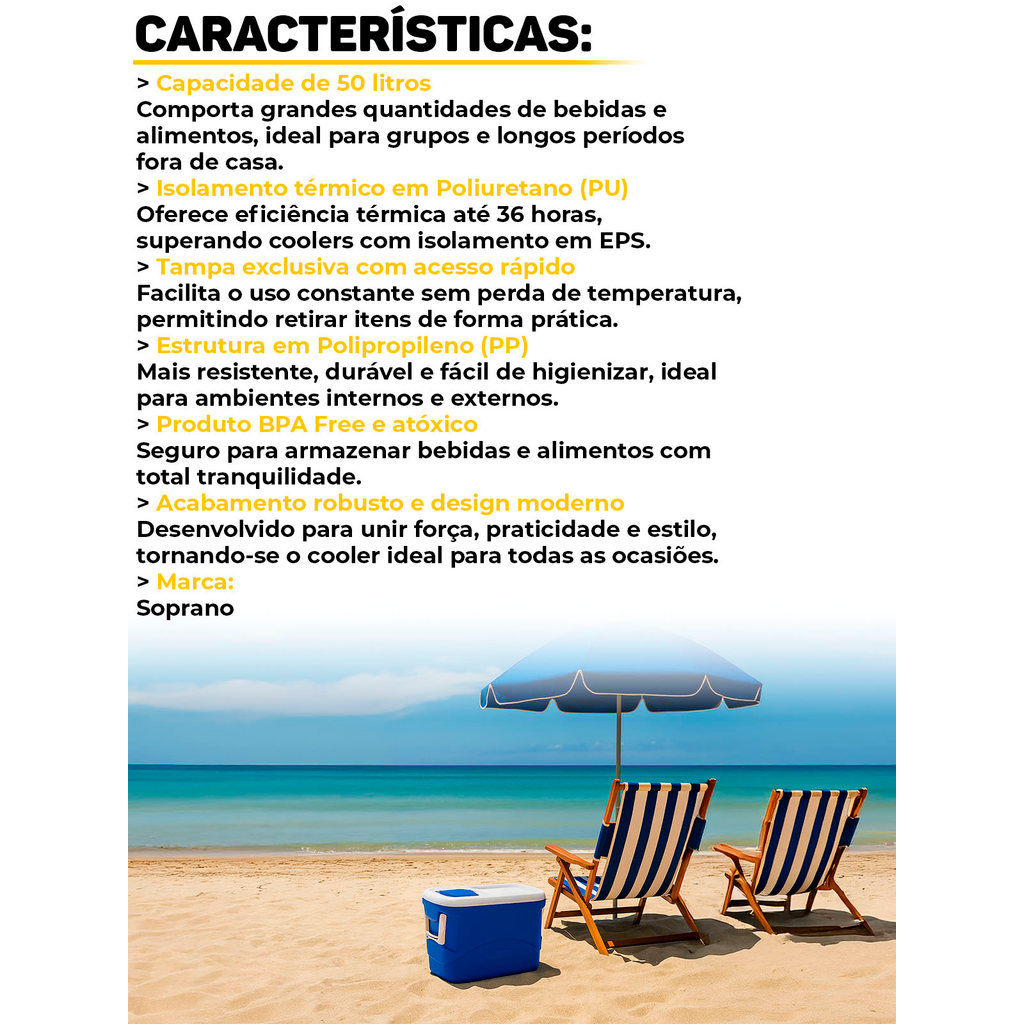 Detalhes do Caixa Térmica Cooler Tropical Plus 50L Soprano Grande P/ Praia Camping Eventos Churrasco Bebidas