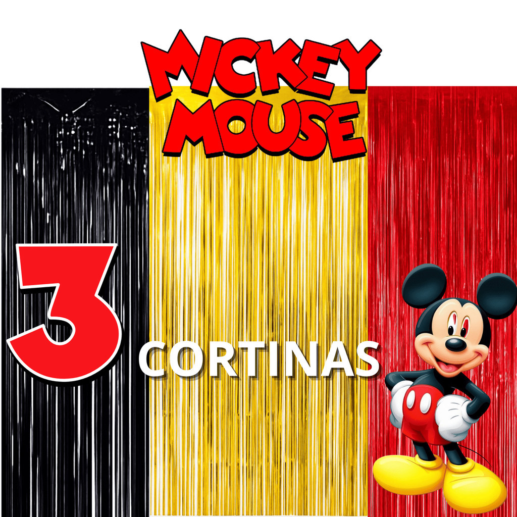 Kit 3 Cortina Metalizada Lisa Painel Decoração Mickey e Minnie, Festa , Aniversário Criança