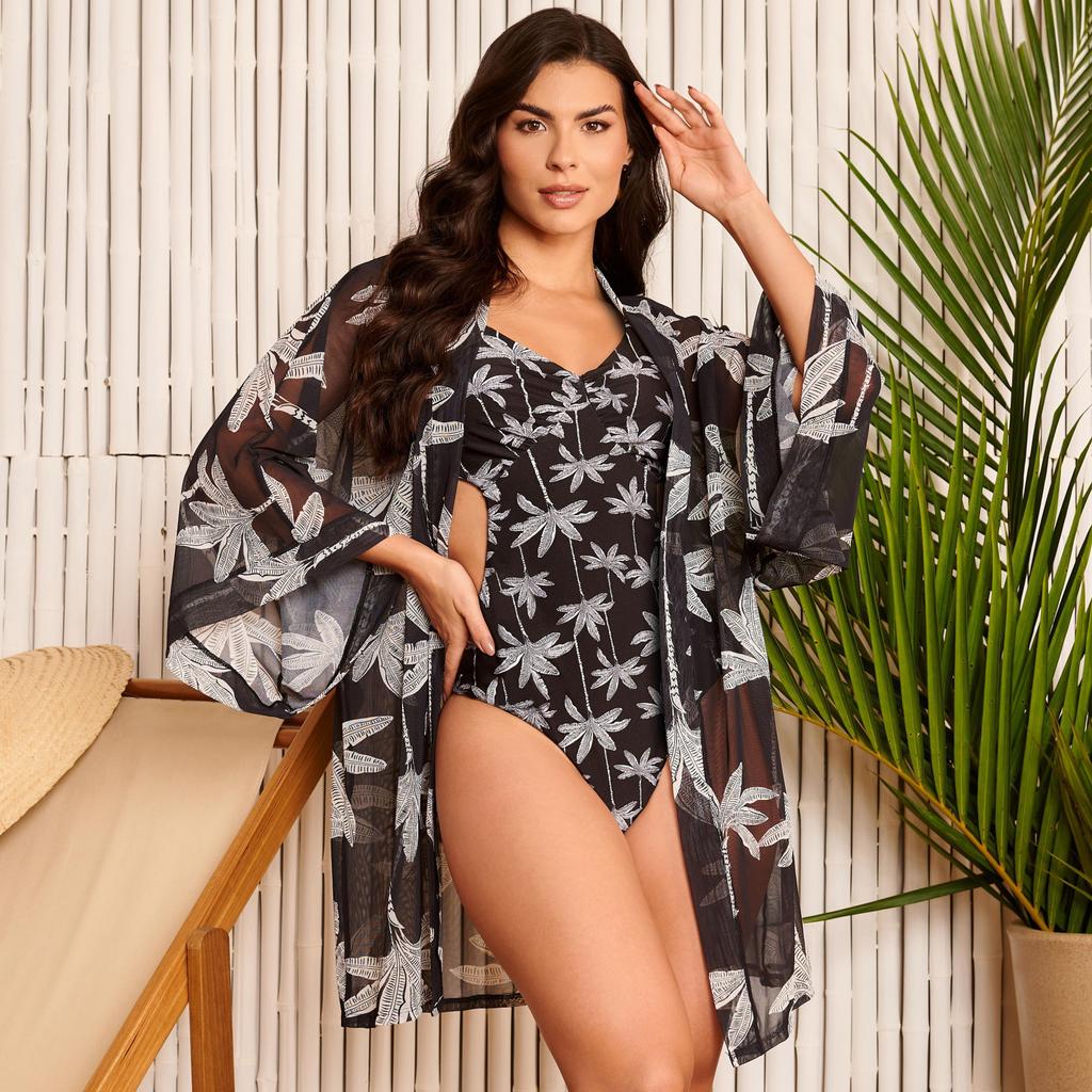 Saída de Praia Kimono Estampa Coqueiro P/b em Oferta na Shopee