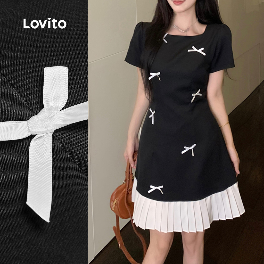 Lovito Vestido Fofo com Laço Estilo Plissado Verão/inverno Preto e Branco para Mulheres L159AD086 em Oferta na Shopee