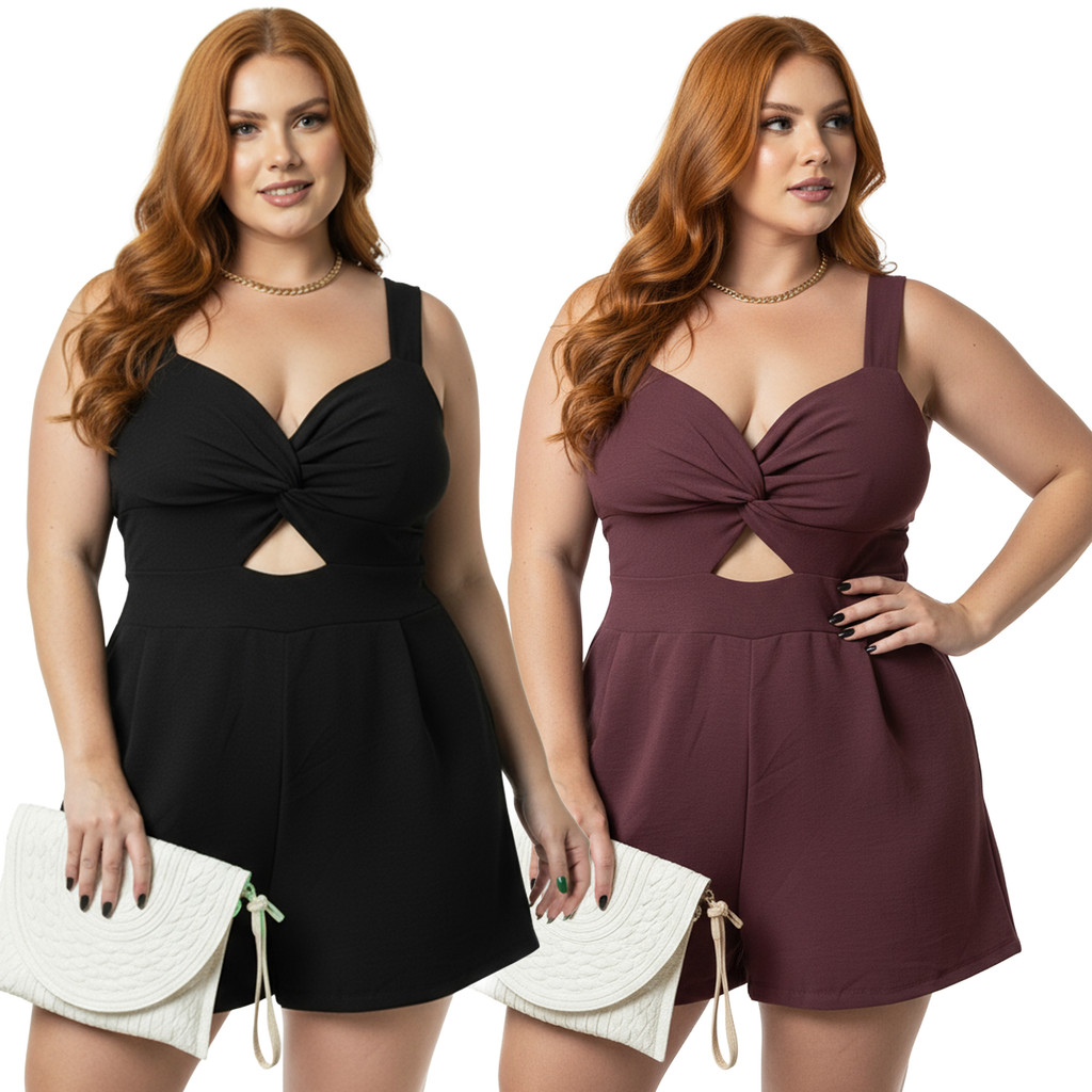 Kit 2 Macaquinho Plus Size Feminino Curto – Soltinho, Elegante e Modela o Corpo em Oferta na Shopee