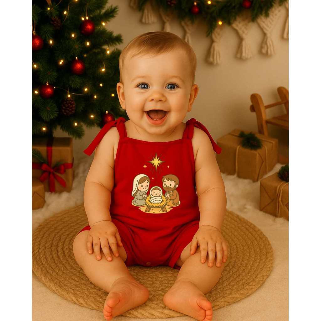 Macacão Jardineira Vermelha  Estampado Manjedoura Algodão Roupa de Natal Bebê Jesus 0 à 1 ano