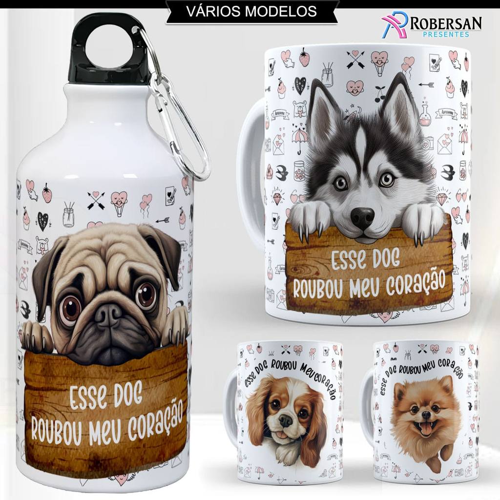 Kit Caneca + Garrafa Raças de Cachorros Squeeze Garrafinha Água Inox Cães Presente Dog Pet Lover