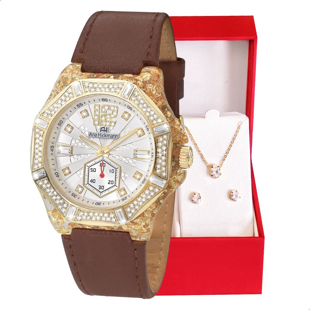 Relógio Feminino Champion Ana Hickmann Couro Cristais AH20097B Colar e Brincos em Oferta na Shopee
