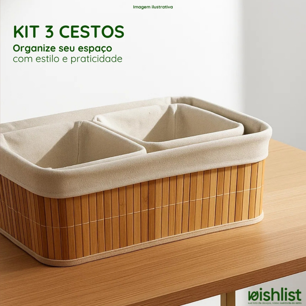 Kit 3 Cestos Organizador Moderno Bambu Fibra Algodão Decoração Armazenamento Elegante em Oferta na Shopee