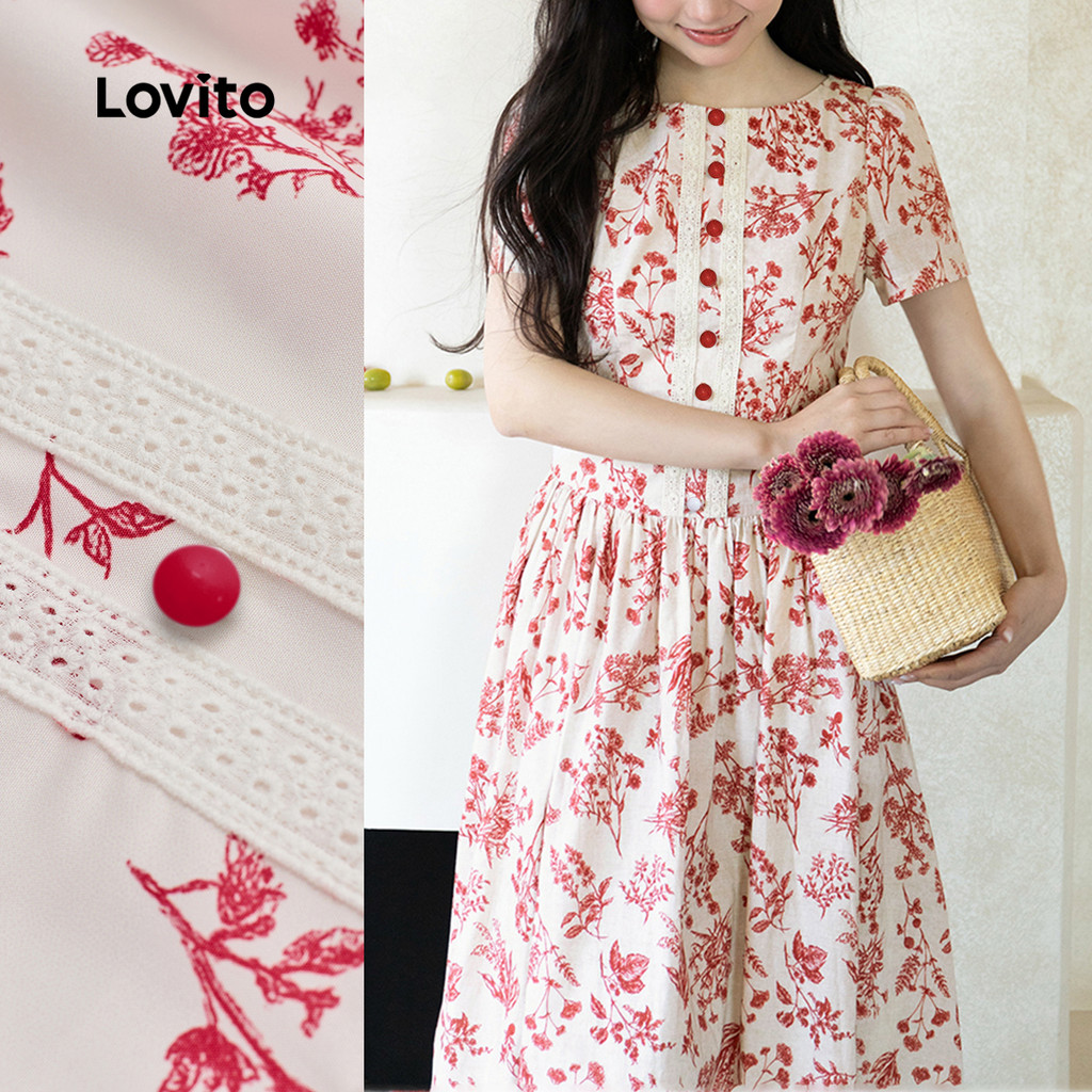 Lovito Vestido Casual Vermelho De Ano Novo Com Botões Ideal Para Primavera/verão Para Mulheres L159AD296