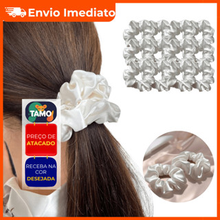 KIT 12/6/4/2/1  Scrunchies Xuxinha Branca Cetim Anti frizz Elastico Rabico Acessório para Cabelo em Oferta na Shopee