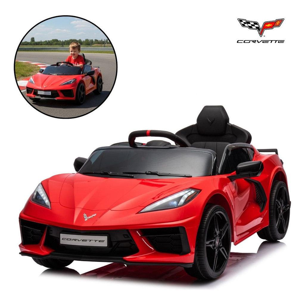 Mini Carro Elétrico Infantil 12V Corvette C8 Vermelho com Luz, Som, Controle Remoto e Licenciamento Oficial