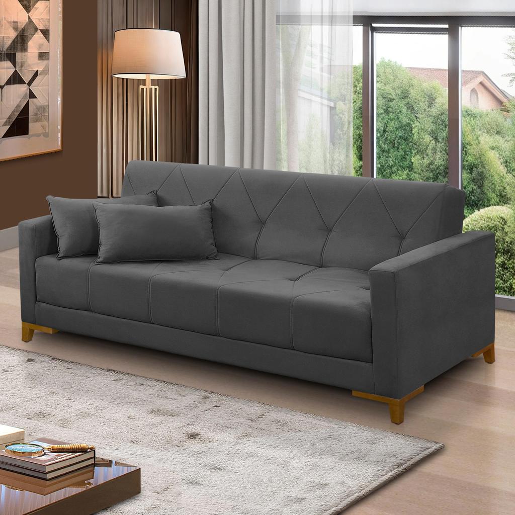 Sofá Cama 3 lugares 2,00m Aurora Suede Cinza Adonai Estofados em Oferta na Shopee