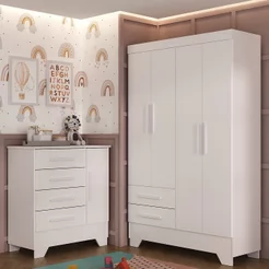 Quarto Infantil Completo Guarda Roupa 4 Portas 2 Gavetas com Cômoda Liz Branco Branco